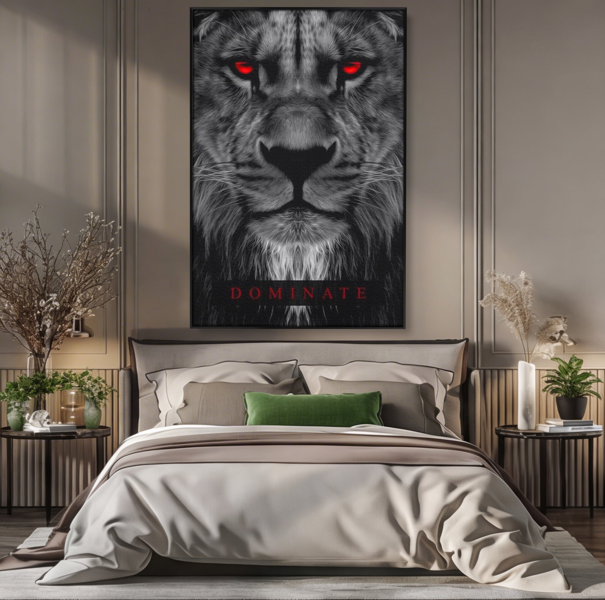 Tablou canvas cu tablou canvas cu leu alb-negru, in rama de aluminiu negru, pe perete intr-un dormitor